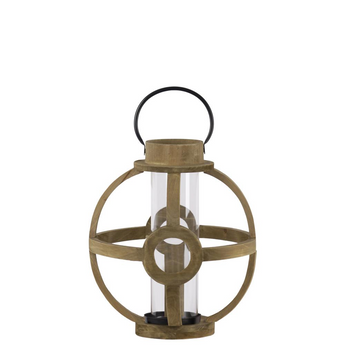 Wood Round Lantern with Metal Handle and Hurricane Candle Holder Natural Finish Brown