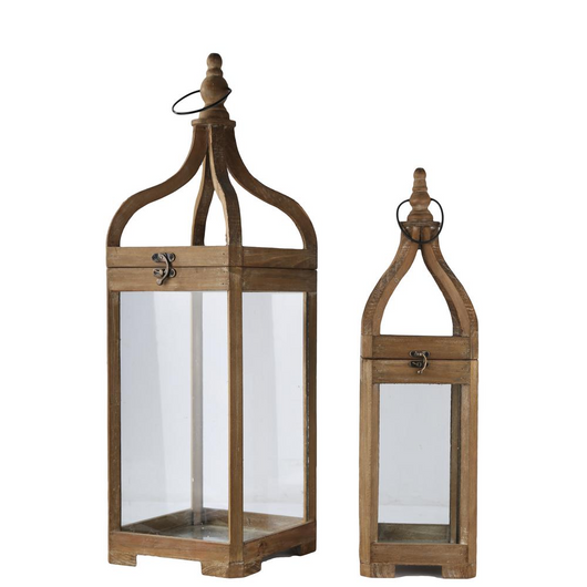 Wood Square Lantern with Top Metal Ring Hanger and Glass Sides Set of Two Natural Finish Brown