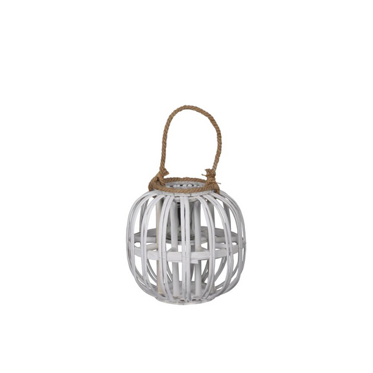 Bamboo Round Lantern with Rope Handle and Rim Mouth, Lattice Design Body and Hurricane Glass Candle Holder SM Coated Finish White