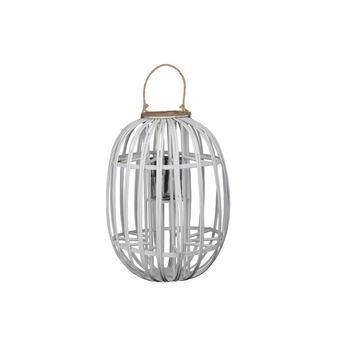 Bamboo Round Lantern with Rope Handle and Rim Mouth, Lattice Design Body and Hurricane Glass Candle Holder XL Coated Finish White