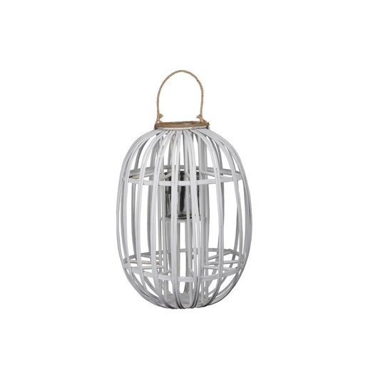 Bamboo Round Lantern with Rope Handle and Rim Mouth, Lattice Design Body and Hurricane Glass Candle Holder XL Coated Finish White