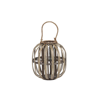 Bamboo Round Lantern with Rope Handle and Rim Mouth, Lattice Design Body and Hurricane Glass Candle Holder MD Weathered Finish Dark Elm