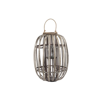 Bamboo Round Lantern with Rope Handle and Rim Mouth, Lattice Design Body and Hurricane Glass Candle Holder XL Weathered Finish Dark Elm