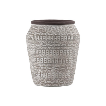 Cement Round Bellied Vase with Brown Lip, Tribal Pattern Des