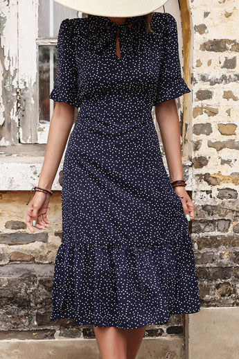 Tory Polka Dot Tie Front Ruffled Midi Dress