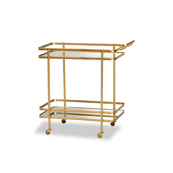 Destin Modern and Contemporary Glam Brushed Gold Finished Metal and Mirrored Glass 2-Tier Mobile Wine Bar Cart