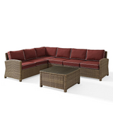 Bradenton 5Pc Outdoor Wicker Sectional Set Sangria/Weathered Brown - Right Side Loveseat, Left Side Loveseat, Corner Chair, Center Chair, Sectional Glass Top Coffee Table