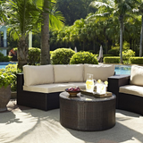 Catalina 2Pc Outdoor Wicker Sectional Set Sand/Brown - Sectional Sofa, Round Glass Top Coffee Table
