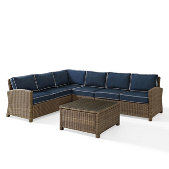 Bradenton 5Pc Outdoor Wicker Sectional Set Navy/Weathered Brown - Right Side Loveseat, Left Side Loveseat, Corner Chair, Center Chair, Sectional Glass Top Coffee Table