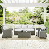 Bradenton 5Pc Outdoor Wicker Sofa Set - Sunbrella White/Gray - Sofa, Coffee Table, Side Table & 2 Arm Chairs