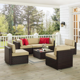 Sea Island 7Pc Outdoor Wicker Sectional Set Sand/Brown - 2 Corner Chairs, Coffee Table 4 Armless Chairs, 4 Throw Pillows