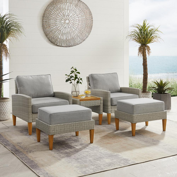 Capella 5Pc Outdoor Wicker Chair Set Gray/Acorn - Side Table, 2 Armchairs, & 2 Ottomans