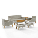 Capella 7Pc Outdoor Wicker Sofa Set Gray/Acorn - Sofa, Coffee Table, Side Table, 2 Armchairs, & 2 Ottomans