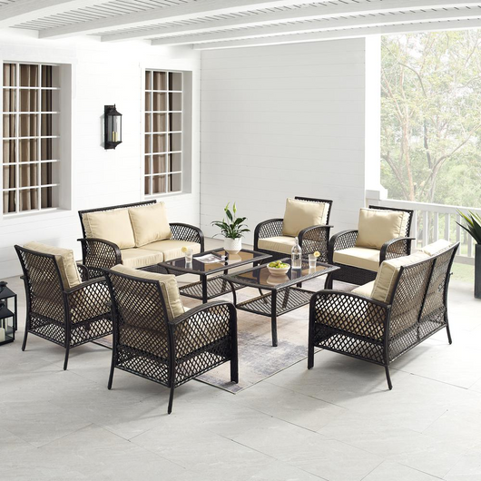 Tribeca 8Pc Outdoor Wicker Conversation Set Sand/Brown - 2 Loveseats, 4 Armchairs, & 2 Coffee Tables