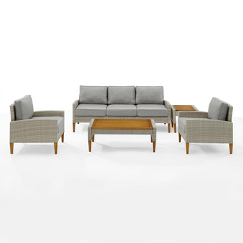 Capella 5Pc Outdoor Wicker Sofa Set Gray/Acorn - Sofa, Coffee Table, Side Table, & 2 Armchairs