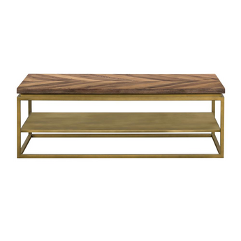 Faye Rustic Brown Wood Coffee Table with Shelf and Antique Brass Metal Base, Rustic