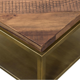 Faye Rustic Brown Wood Coffee Table with Shelf and Antique Brass Metal Base, Rustic