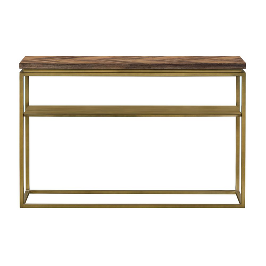 Faye Rustic Brown Wood Console Table with Shelf and Antique Brass Metal Base, Rustic