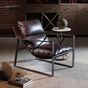 Miller Sling Accent Chair in Genuine Chocolate Leather w/Black Powder Coated Metal Frame