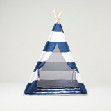 Teepee Play Tent With Blue and White Stripes with Cushion