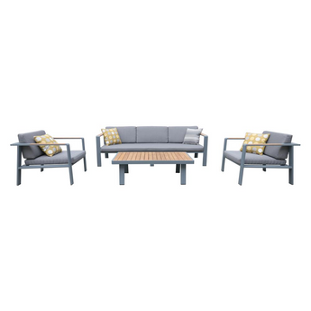 Nofi 4 piece Outdoor Patio Set in Charcoal Finish with Gray Cushions and Teak Wood