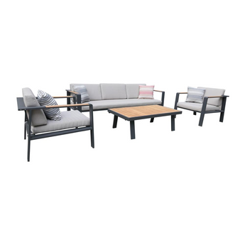 Nofi 4 piece Outdoor Patio Set in Gray Finish with Taupe Cushions and Teak Wood