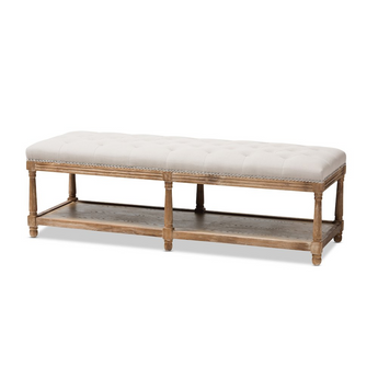 Celeste Country Weathered Oak Linen Upholstered Ottoman Bench