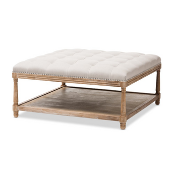 Carlotta Country Weathered Oak Linen Square Coffee Table Ottoman