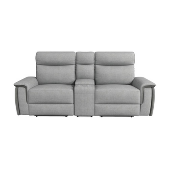 Verkin 93.5 in. W Pillow Top Arm Fabric Straight Power Double Reclining Loveseat with Center Console and Power Headrests in 2-tone Light Gray