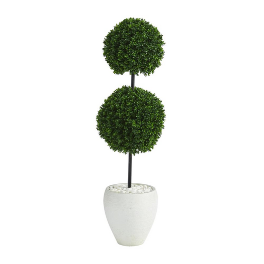 4ft. Boxwood Double Ball Artificial Topiary Tree in White Planter UV Resistant (Indoor/Outdoor)