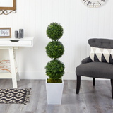 46in. Boxwood Triple Ball Topiary Artificial Tree in White Metal Planter (Indoor/Outdoor)