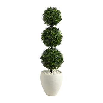 3.5ft. Boxwood Triple Ball Topiary Artificial Tree in White Planter (Indoor/Outdoor)