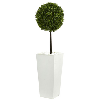 3.5ft. Boxwood Ball Topiary Artificial Tree in White Tower Planter UV Resistant (Indoor/Outdoor)