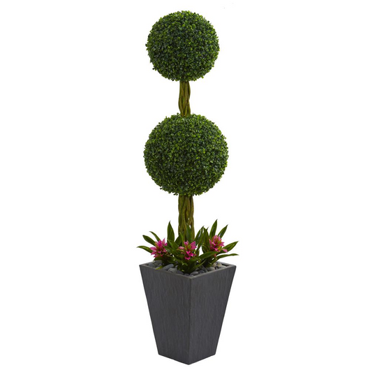 5ft. Double Boxwood Ball Topiary Artificial Tree in Slate Planter UV Resistant (Indoor/Outdoor)