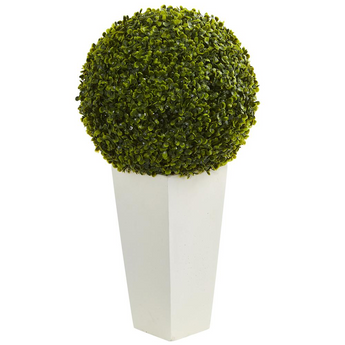 28in. Boxwood Topiary Ball Artificial Plant in White Tower Planter (Indoor/Outdoor)