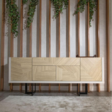 Celine Buffet Stand with Push to Open Doors and Steel Legs in Off White and Nude Mosaic Wood