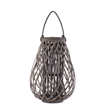 Bamboo Round Bellied Lantern with Braided Rope Lip and Handle, Hurricane Candle Holder and Lattice Design Body LG Weathered Finish Wash Gray