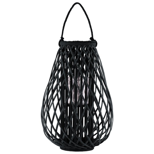 Bamboo Round Bellied Lantern with Braided Rope Lip and Handle, Hurricane Candle Holder and Lattice Design Body XL Coated Finish Black
