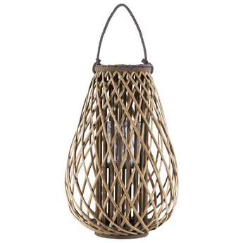 Bamboo Round Bellied Lantern with Braided Rope Lip and Handle, Hurricane Candle Holder and Lattice Design Body XL Natural Finish Brown
