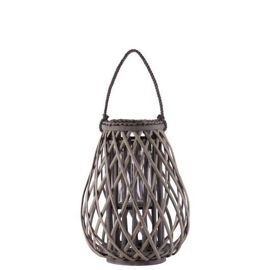 Bamboo Round Bellied Lantern with Braided Rope Lip and Handle, Hurricane Candle Holder and Lattice Design Body MD Weathered Finish Wash Gray