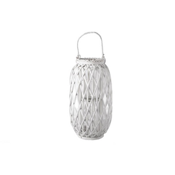 Bamboo Round Lantern with Braided Rope Lip and Handle, Lattice Design Body and Hurricane Candle Holder LG Matte Finish White