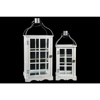Wood Square Lantern with Metal Top Ring Hanger and Window Pane Glass Sides Design Body Set of Two Painted Finish White