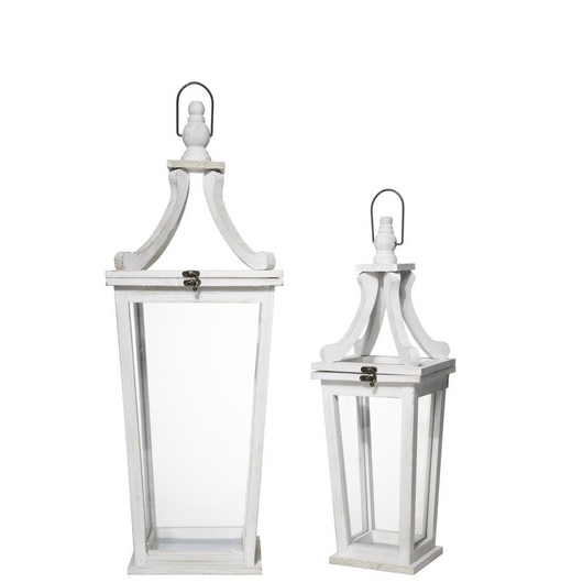 Wood Square Lantern with Metal Top Handle and Glass Covered Design Body Washed Finish Set of Two White