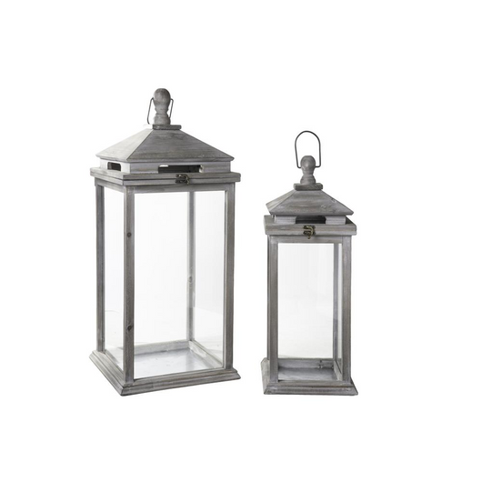 Wood Square Fliptop Lantern with Metal Ring Handle Set of Two Washed Finish Gray