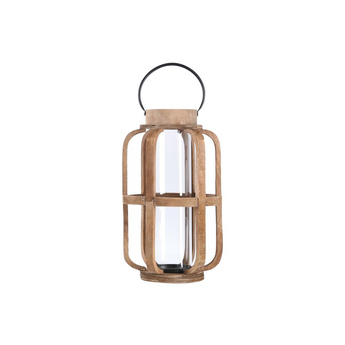 Wood Cylinder Lantern with Metal Handle and Hurricane Candle Holder LG Natural Finish Brown