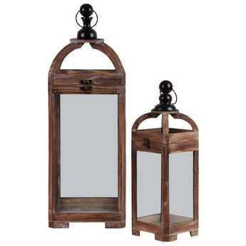 Wood Square Lantern with Metal Round Finial Top, Ring Handle and Glass Body Set of Two Natural Finish Brown