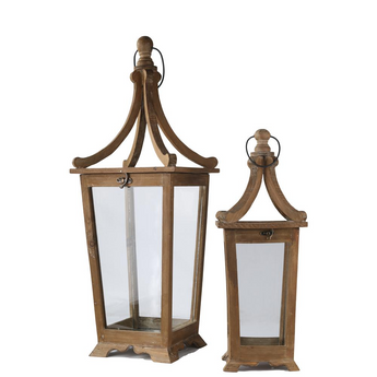 Wood Square Lantern with Metal Ring Hanger and Glass Sides Set of Two Natural Finish Brown