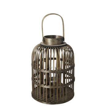Bamboo Round Lantern with Top Handle, Vertical Lattice Design Body and Glass Candle Holder MD Varnished Finish Brown