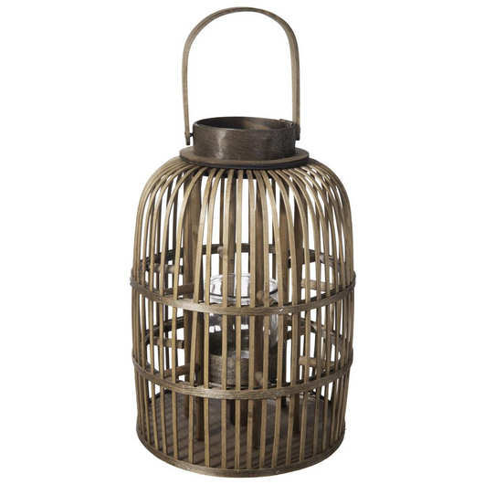 Bamboo Round Lantern with Top Handle, Vertical Lattice Design Body and Glass Candle Holder LG Varnished Finish Brown