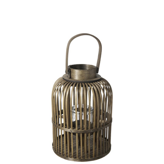 Bamboo Round Lantern with Top Handle, Vertical Lattice Design Body and Glass Candle Holder SM Varnished Finish Brown